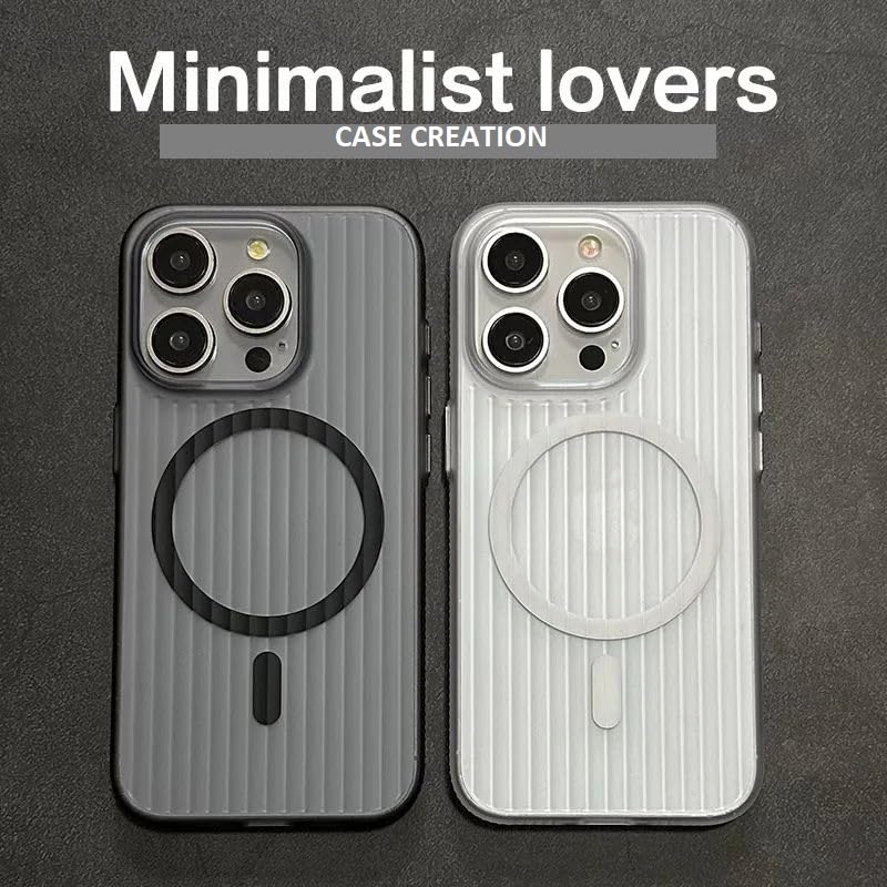 Transparent Hard Frosted Corrugated Phone Case Compatible with Magsafe, Anti-Yellow Back Case Glossy Wavy Texture - Black