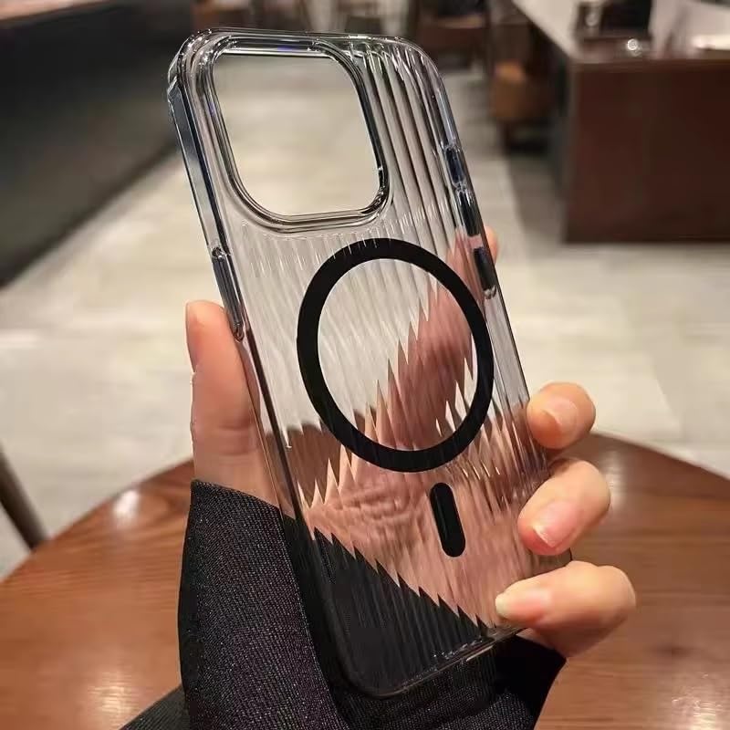 Transparent Hard Frosted Corrugated Phone Case Compatible with Magsafe, Anti-Yellow Back Case Glossy Wavy Texture - Clear Black
