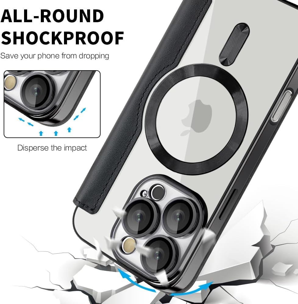 Magnetic Flip Case with RFID Card Slot, MagSafe Leather Wallet Cover with Camera Lens Protection, Shockproof TPU Luxe Case - Black
