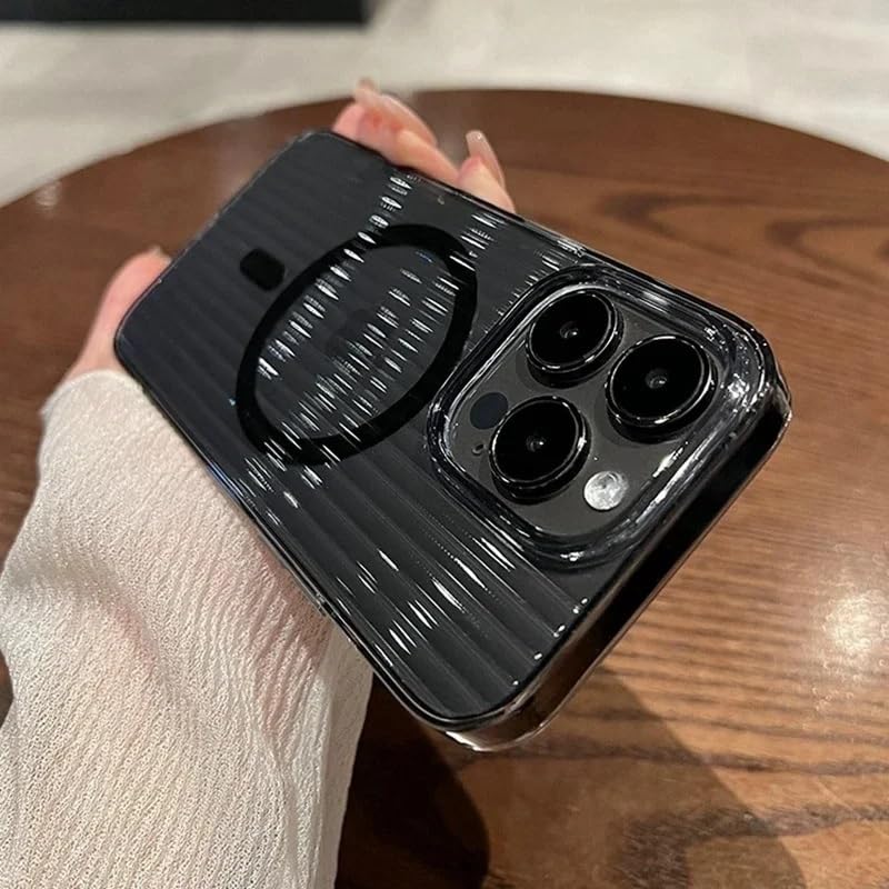 Transparent Hard Frosted Corrugated Phone Case Compatible with Magsafe, Anti-Yellow Back Case Glossy Wavy Texture - Clear Black