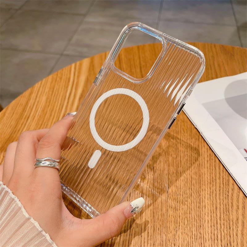 Transparent Hard Frosted Corrugated Phone Case Compatible with Magsafe, Anti-Yellow Back Case Glossy Wavy Texture - Clear White