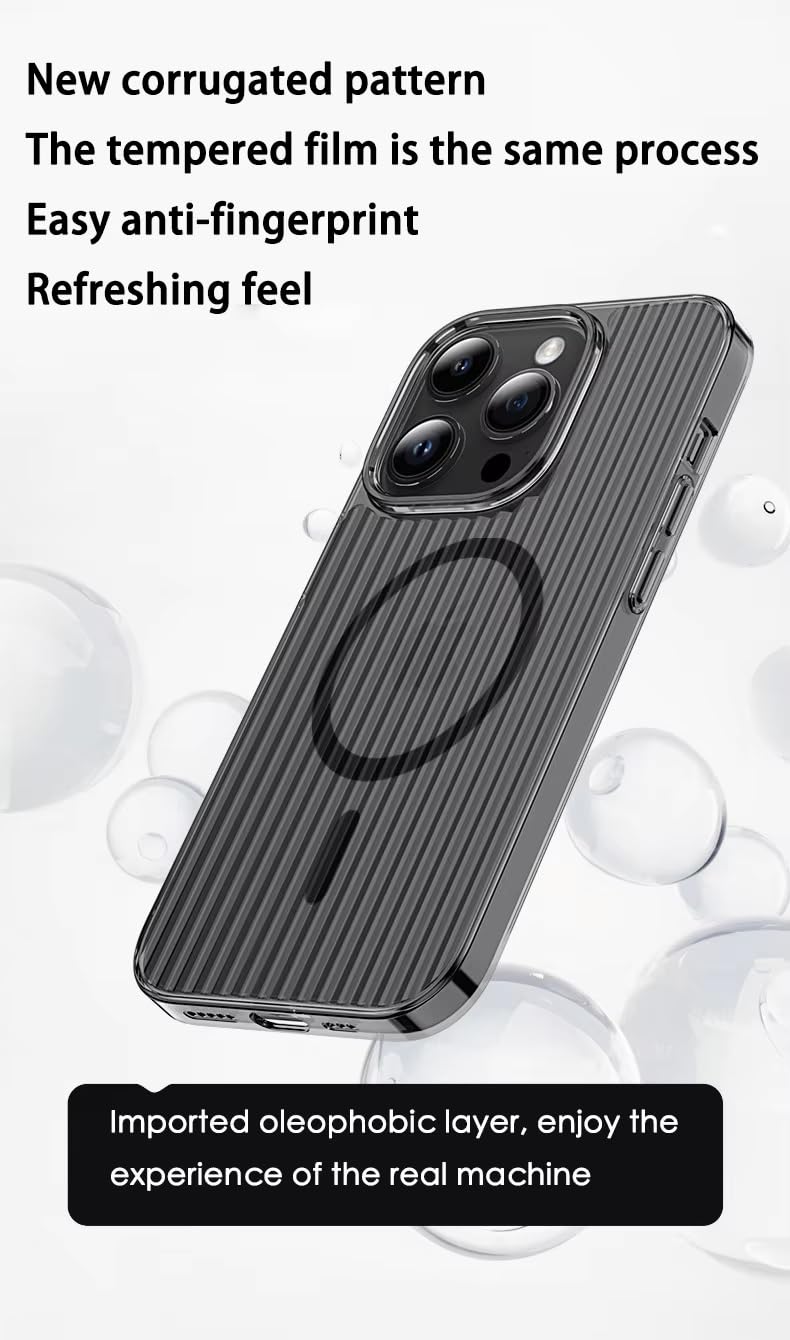 Transparent Hard Frosted Corrugated Phone Case Compatible with Magsafe, Anti-Yellow Back Case Glossy Wavy Texture - Black