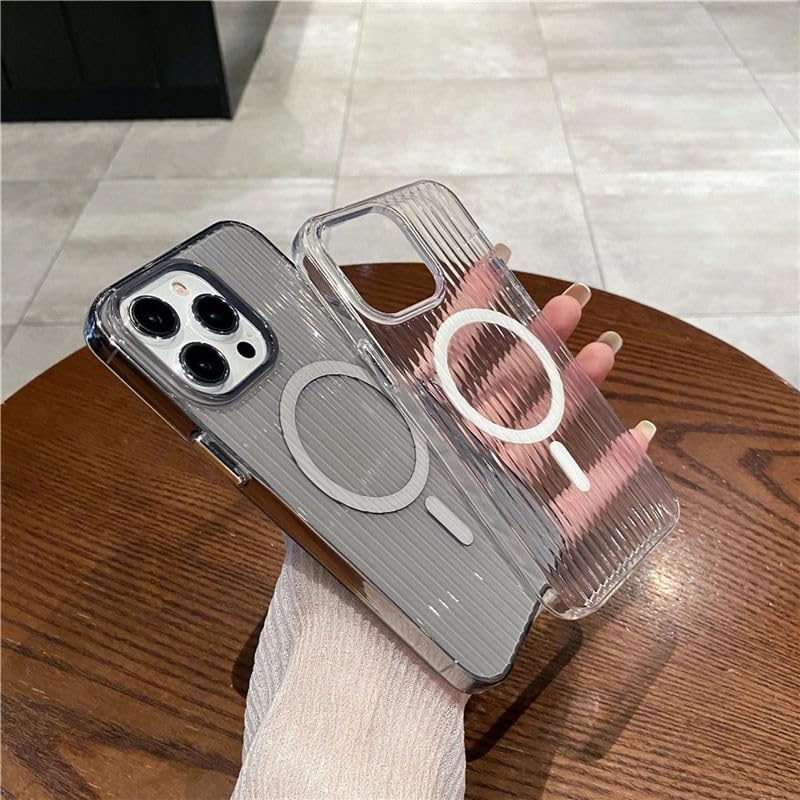 Transparent Hard Frosted Corrugated Phone Case Compatible with Magsafe, Anti-Yellow Back Case Glossy Wavy Texture - Clear Grey
