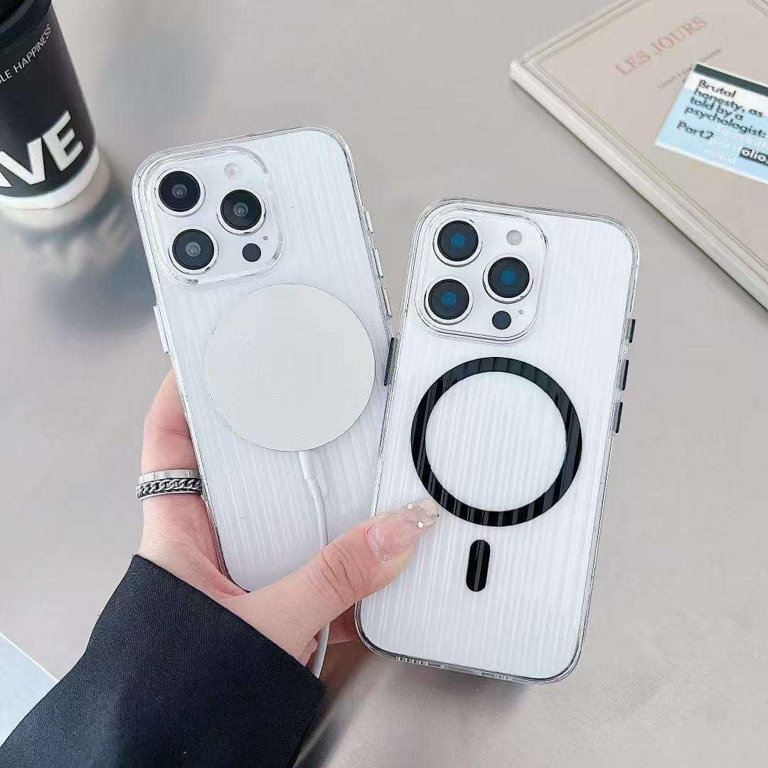 Transparent Hard Frosted Corrugated Phone Case Compatible with Magsafe, Anti-Yellow Back Case Glossy Wavy Texture - Clear Black