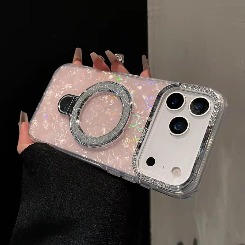 Glitter Marble Back Case Rhinestone Camera Holographic Kickstand Phone Cover With Crystal Ring Holder Stand - Rose Pink