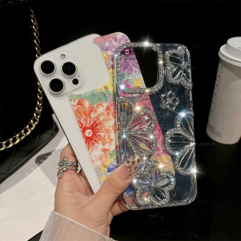 Luxury Bling Crystal 3D Diamond Flower Phone Case Rhinestone Aesthetic Back Cover