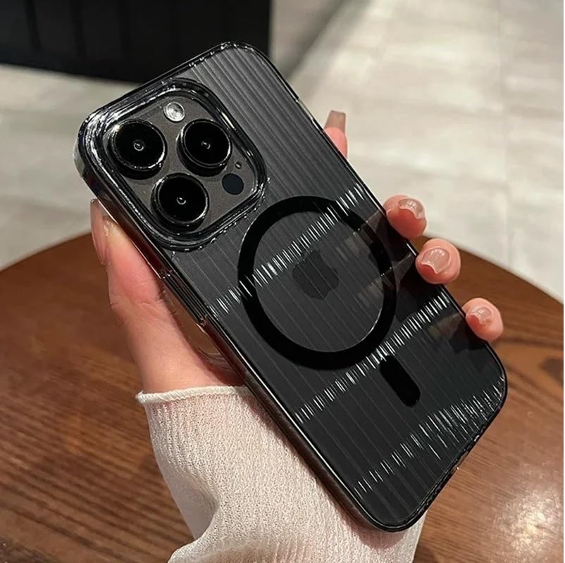 Transparent Hard Frosted Corrugated Phone Case Compatible with Magsafe, Anti-Yellow Back Case Glossy Wavy Texture - Clear Black