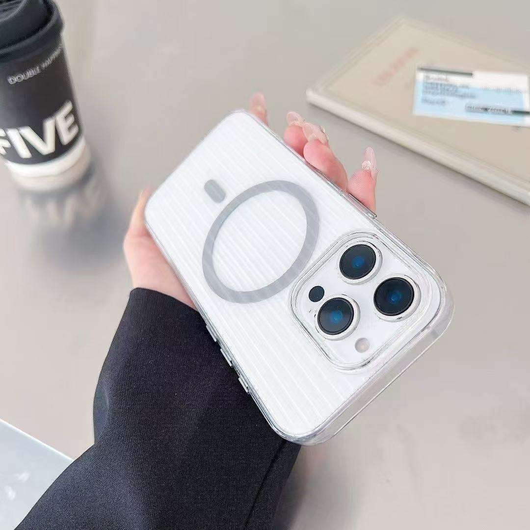 Transparent Hard Frosted Corrugated Phone Case Compatible with Magsafe, Anti-Yellow Back Case Glossy Wavy Texture - Clear Grey