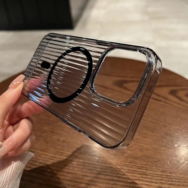Transparent Hard Frosted Corrugated Phone Case Compatible with Magsafe, Anti-Yellow Back Case Glossy Wavy Texture - Clear Black