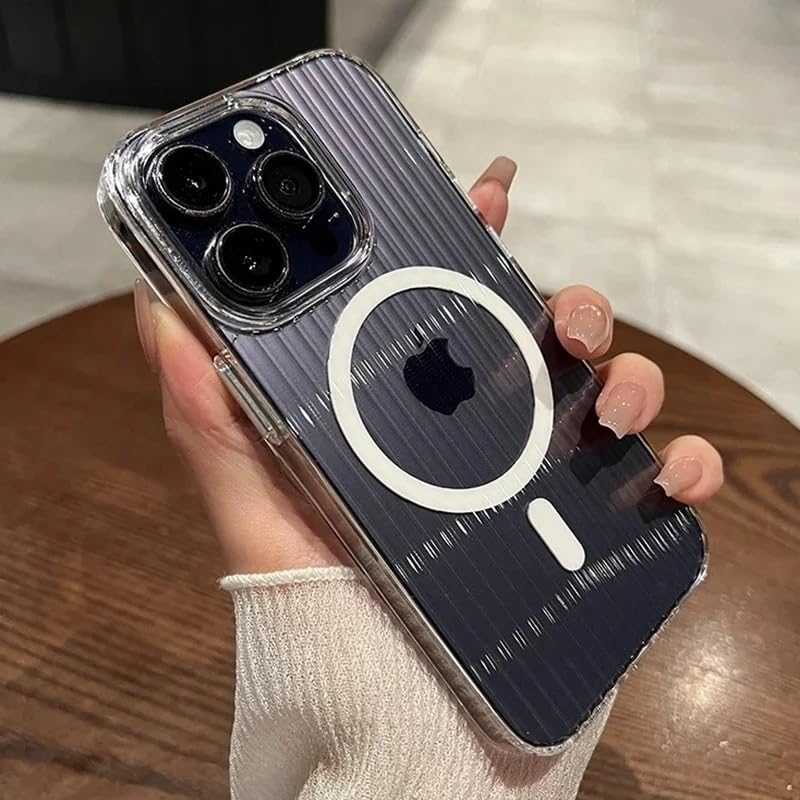 Transparent Hard Frosted Corrugated Phone Case Compatible with Magsafe, Anti-Yellow Back Case Glossy Wavy Texture - Clear White