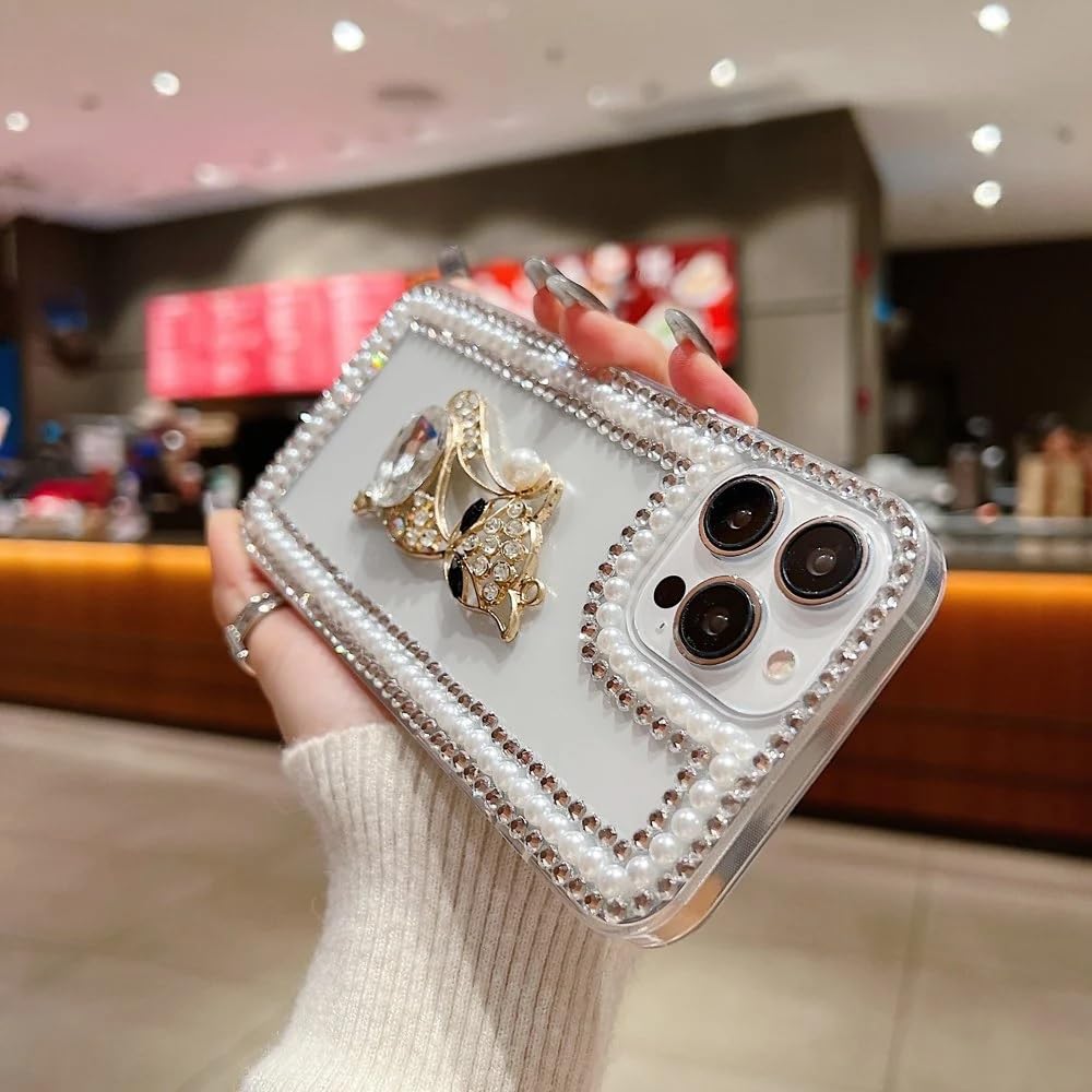 Cute Sparkling Pearl Kitty Cat Resin Phone Back Case with Crystal Rhinestone Border and Decorative Charm Bracelet
