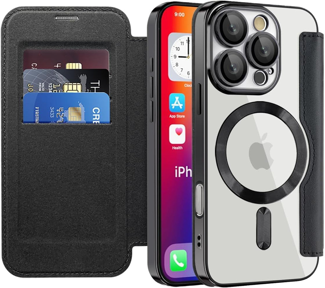 Magnetic Flip Case with RFID Card Slot, MagSafe Leather Wallet Cover with Camera Lens Protection, Shockproof TPU Luxe Case - Black