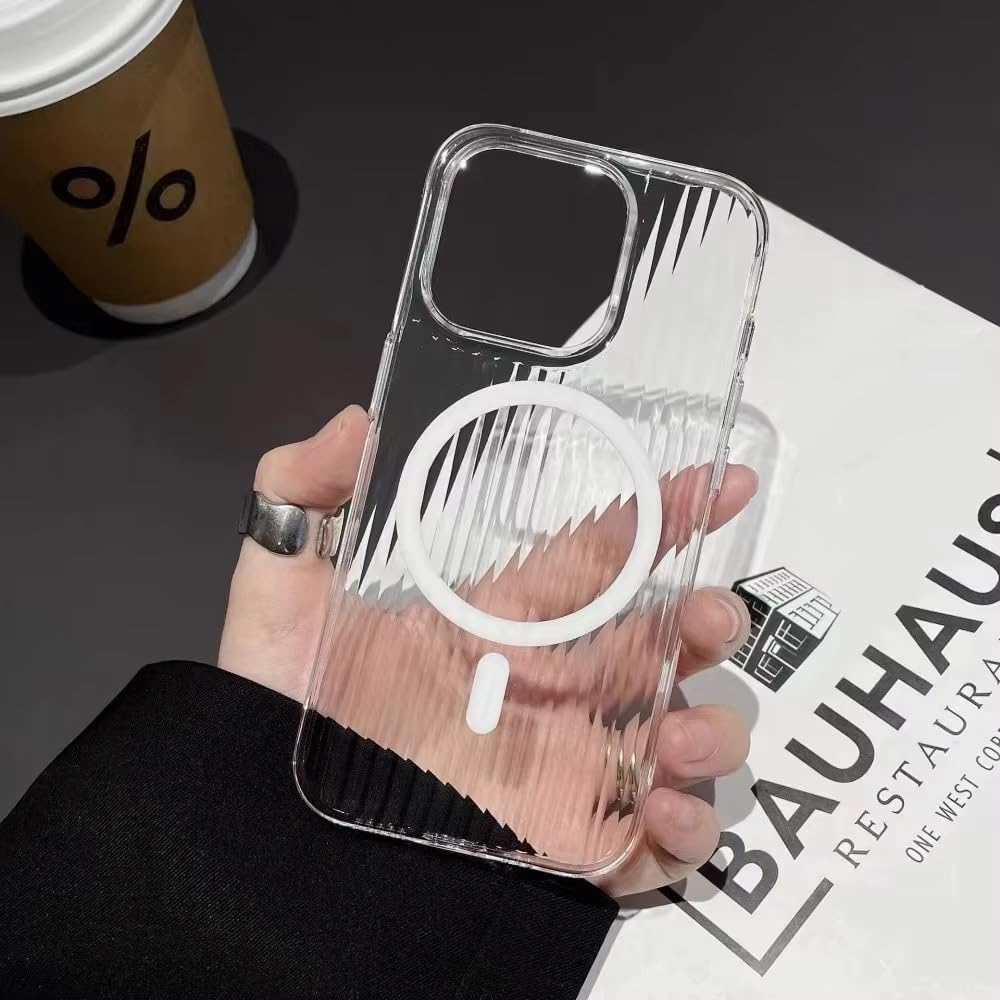 Transparent Hard Frosted Corrugated Phone Case Compatible with Magsafe, Anti-Yellow Back Case Glossy Wavy Texture - Clear White