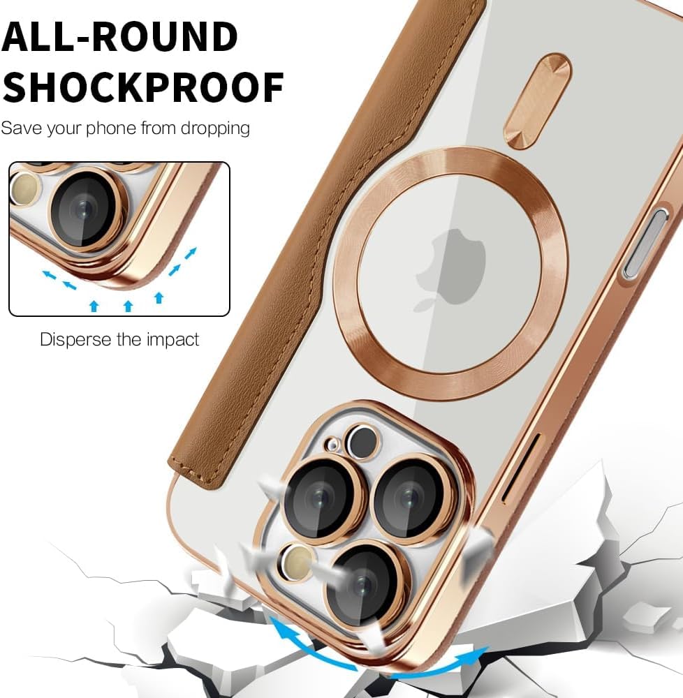 Magnetic Flip Case with RFID Card Slot, MagSafe Leather Wallet Cover with Camera Lens Protection, Shockproof TPU Luxe Case - Brown