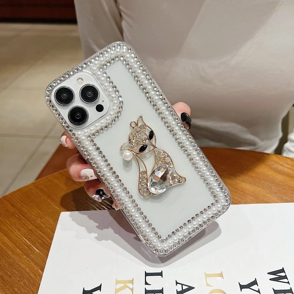 Cute Sparkling Pearl Kitty Cat Resin Phone Back Case with Crystal Rhinestone Border and Decorative Charm Bracelet