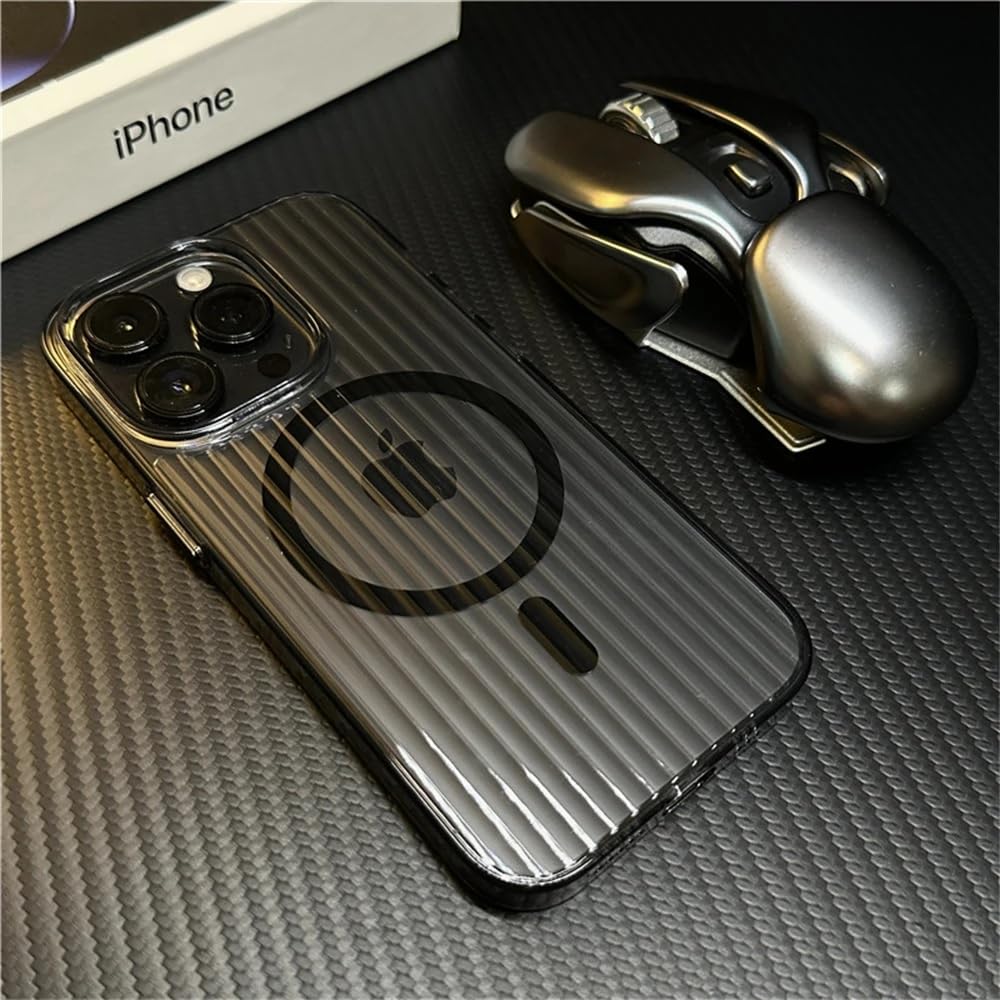 Transparent Hard Frosted Corrugated Phone Case Compatible with Magsafe, Anti-Yellow Back Case Glossy Wavy Texture - Clear Black