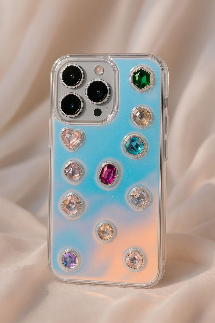 Iridescent Holographic Color Changing 3D Heart stones embossed Diamond Look Reflective Aesthetic case (Green)
