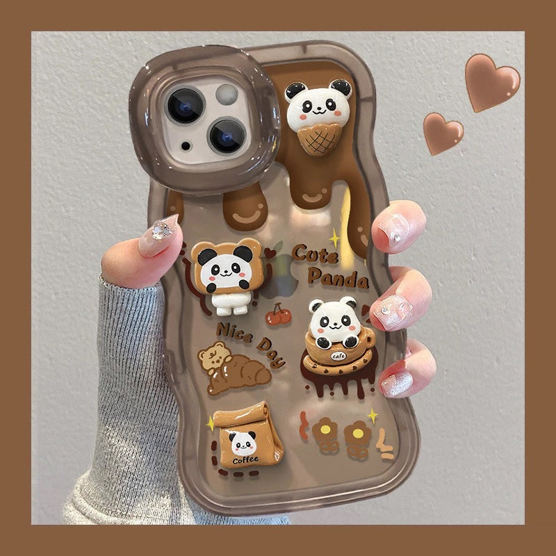 3D Cute Bear Panda Cartoon Chocolate Coffee Wave Curly Invisible Double Phone Stand Holder