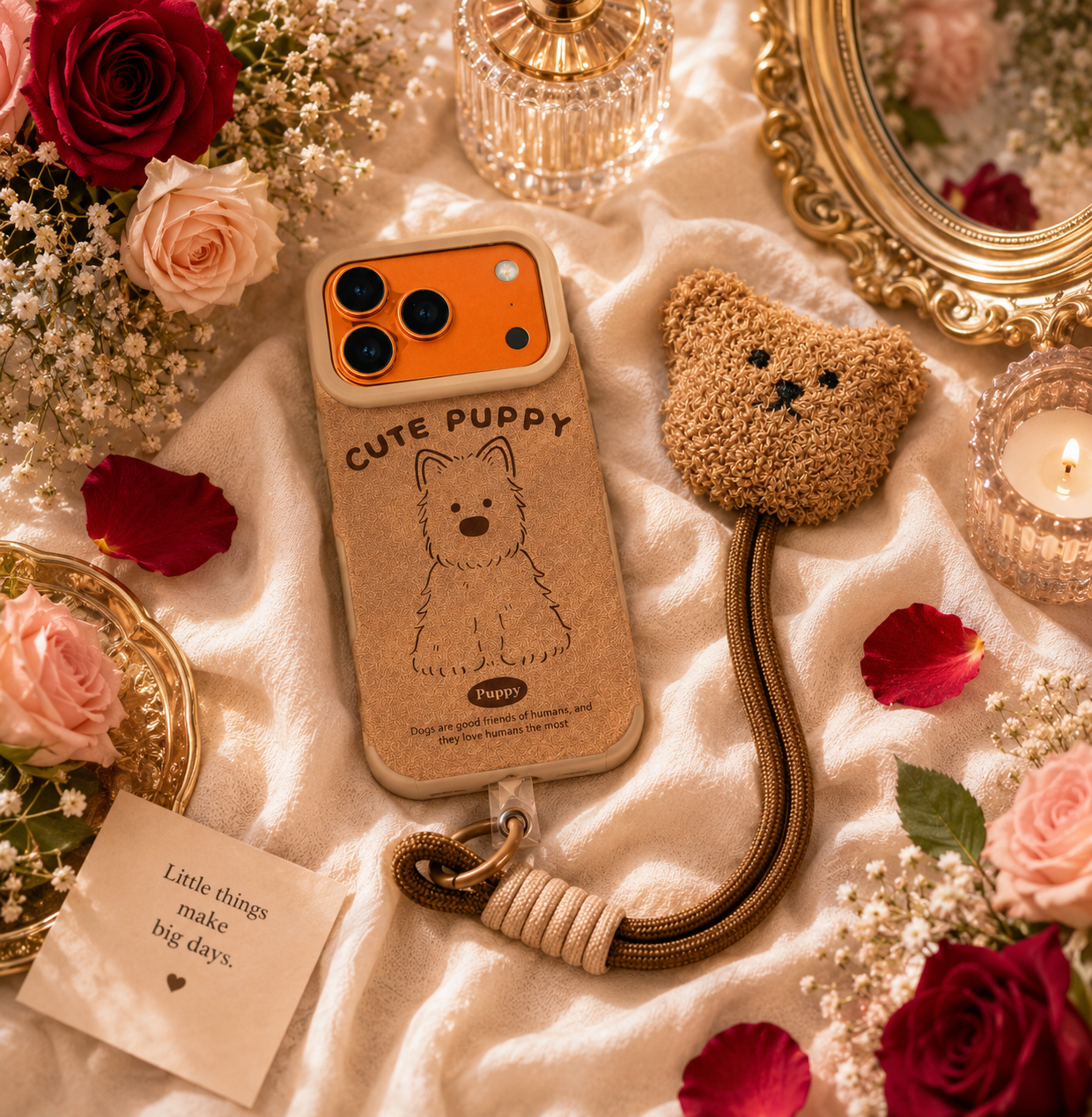 Cartoon Doll Teddy Bear Phone Case with Plush Teddy Lanyard Cute Puppy Dog Brown Wrist Strap Cover