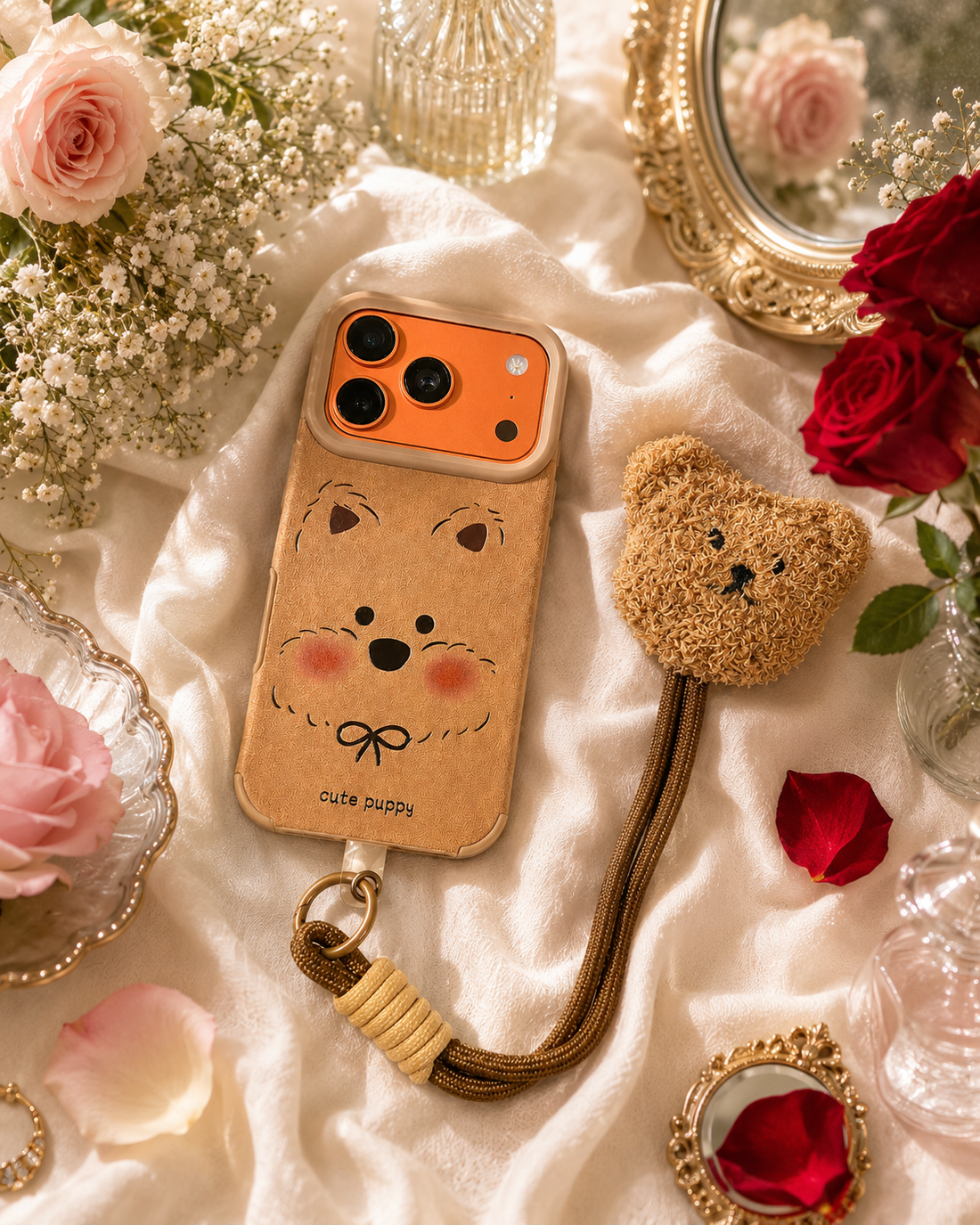Leather Texture Cartoon Doll Teddy Bear Phone Case with Plush Teddy Lanyard Wrist Strap Puppy Face Brown Cover