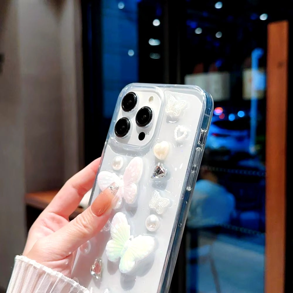 Luxury Translucent Butterfly Diamond Pearl Heart Resin Phone Case