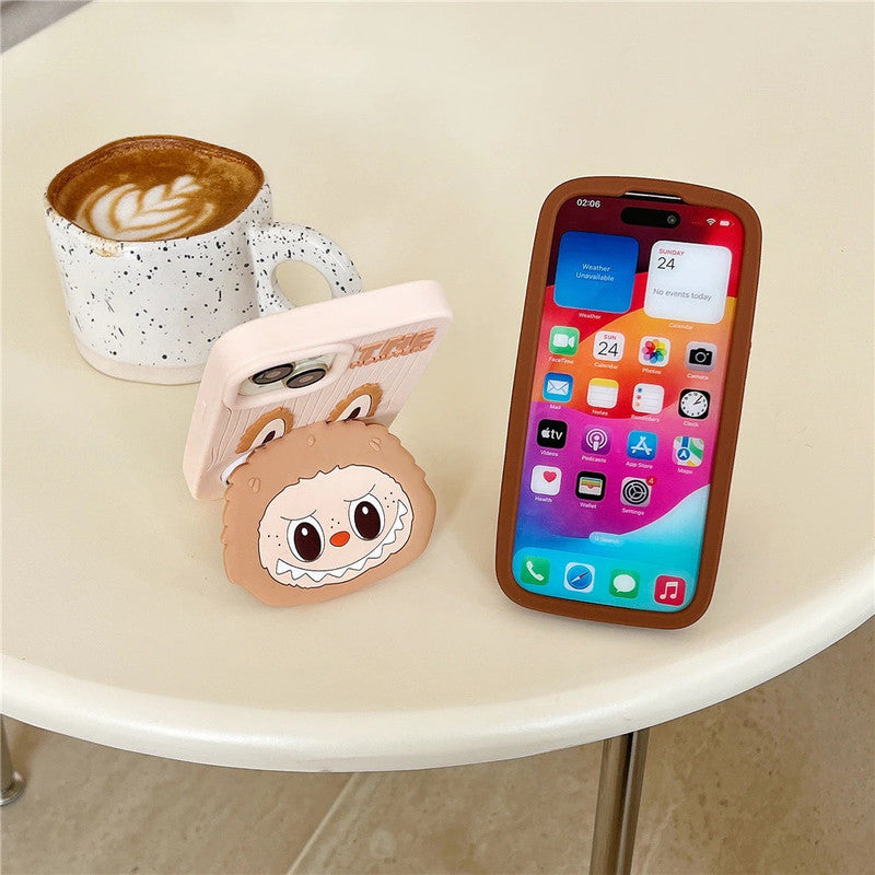 3D The Monster Labubu Mirror Cartoon Phone Holder Stand Makeup Cream Case