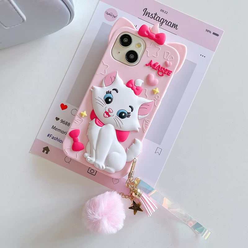 3D Marie Kitty Bow Cartoon Wrist Holder with Charm Hair Ball Furr Pendant Adorable Cat Kawaii Case