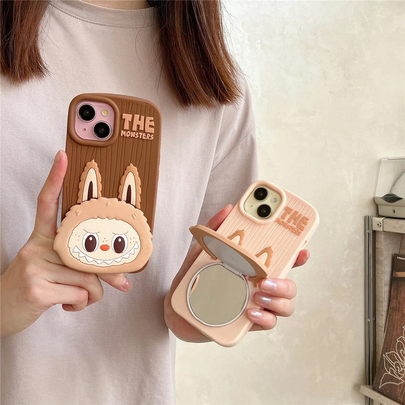 3D The Monster Labubu Mirror Cartoon Phone Holder Stand Makeup Brown Case