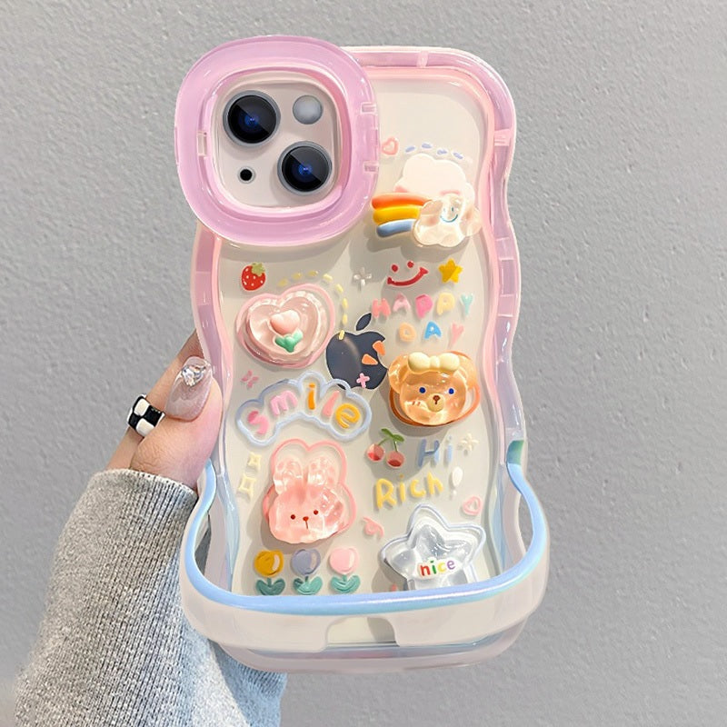 3D Cute Creative Bear Flower Cartoon Rabbit Star Floral Decor Wave Curly Invisible Double Phone Stand Holder