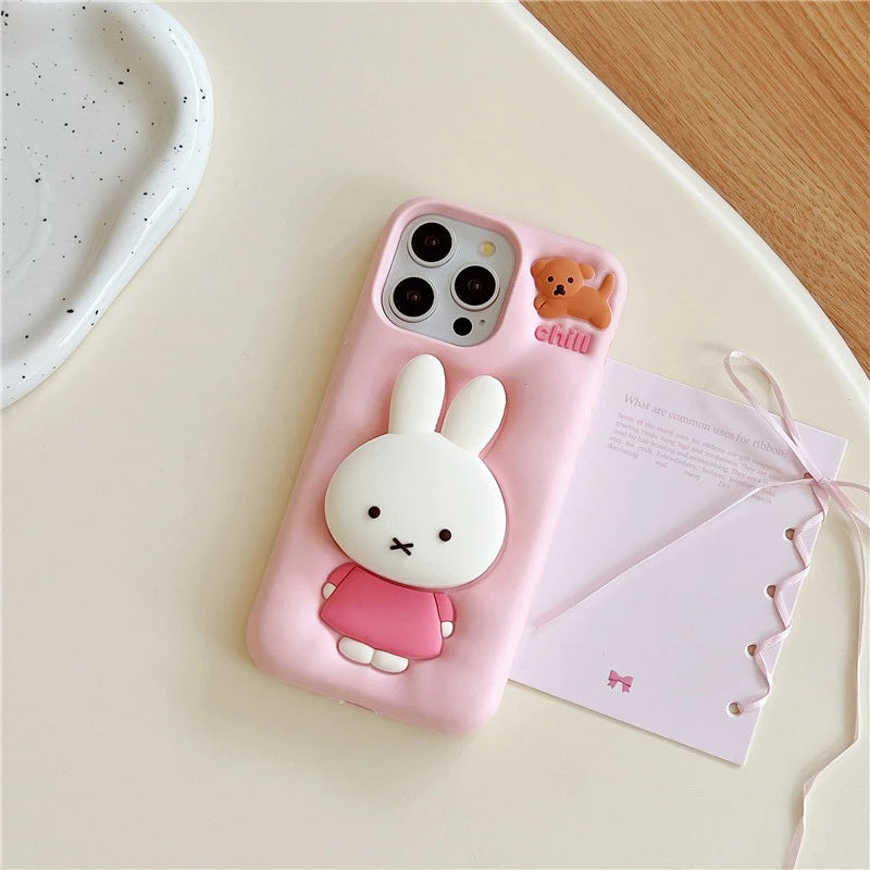 3D Miffies Bunny Cute Cartoon Kawaii Adorable Miffy Rabbit Pink Floral Pop Case with Holder