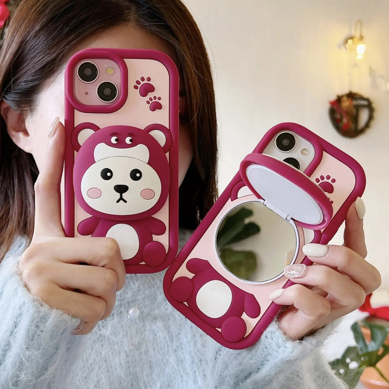 3D Strawberry Teddy Bear Makeup Mirror Cartoon Stand Case