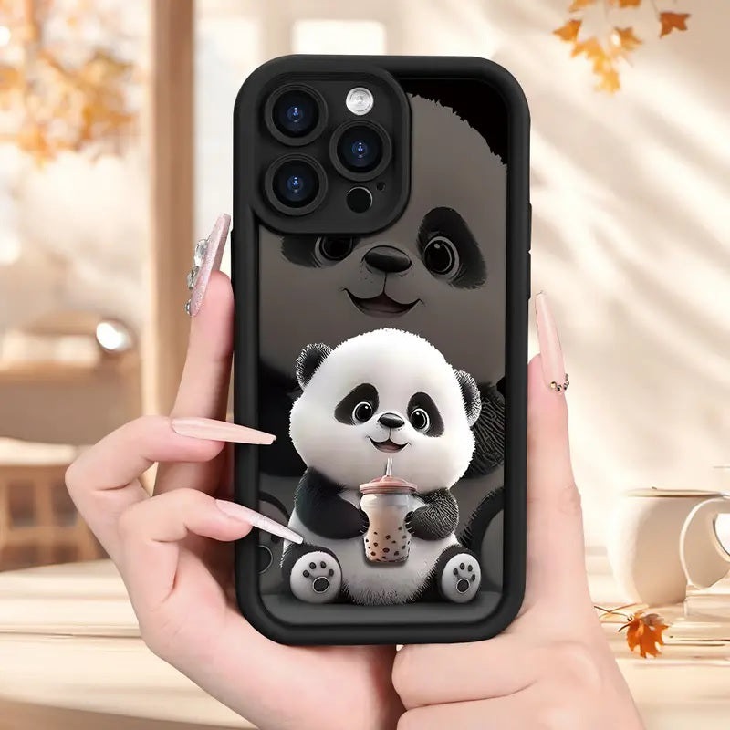 Black Panda Pattern Hot 3D Teddy Bear Boba Tea Cute Design Drinking Coffee Print Cover