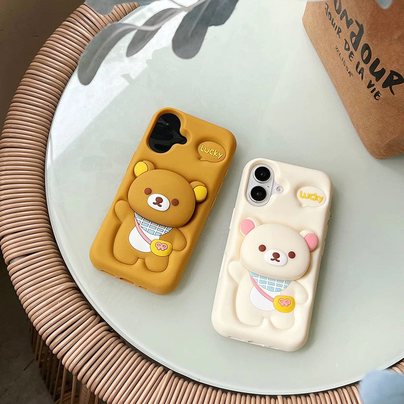 3D Rilakkuma Bear Cartoon Lucky Teddy Bear Love Pastel Brown with Pop Phone Holder