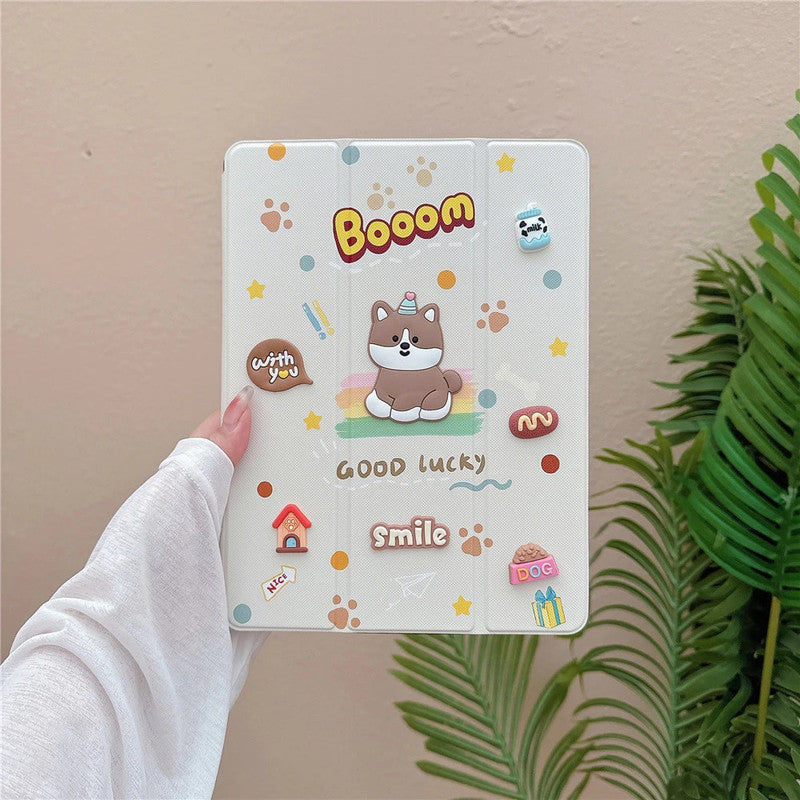 3D Cute Cartoon Kawaii Dog Puppy PU Leather Tablet iPad Flip Case,Smile Boom Auto Wake/Sleep Colorful Stand with Pencil Holder Cover