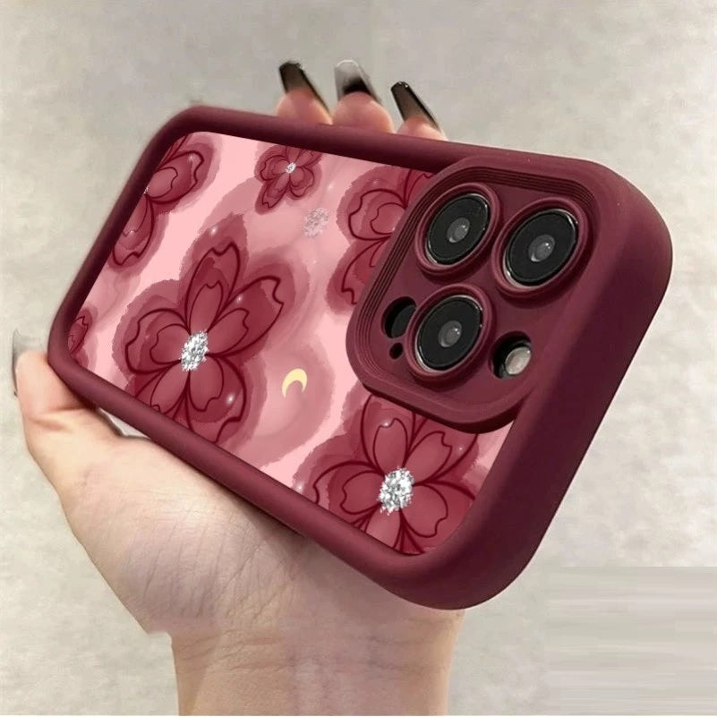 3D Hot  Red Floral Sparkle Diamond Flower Cute Design Silicone Aesthetic Print Case