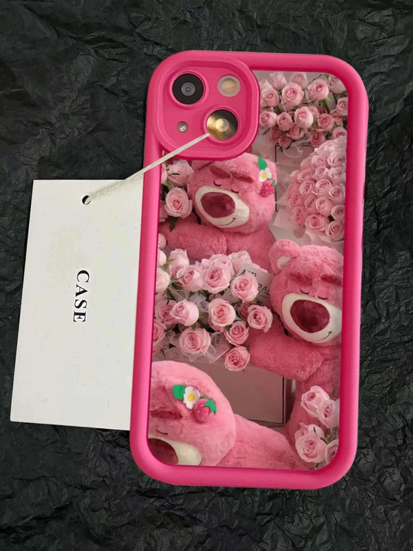 Hot 3D Rose Bear Strawberry Teddy Flower Aesthetic Pattern Case - Pink