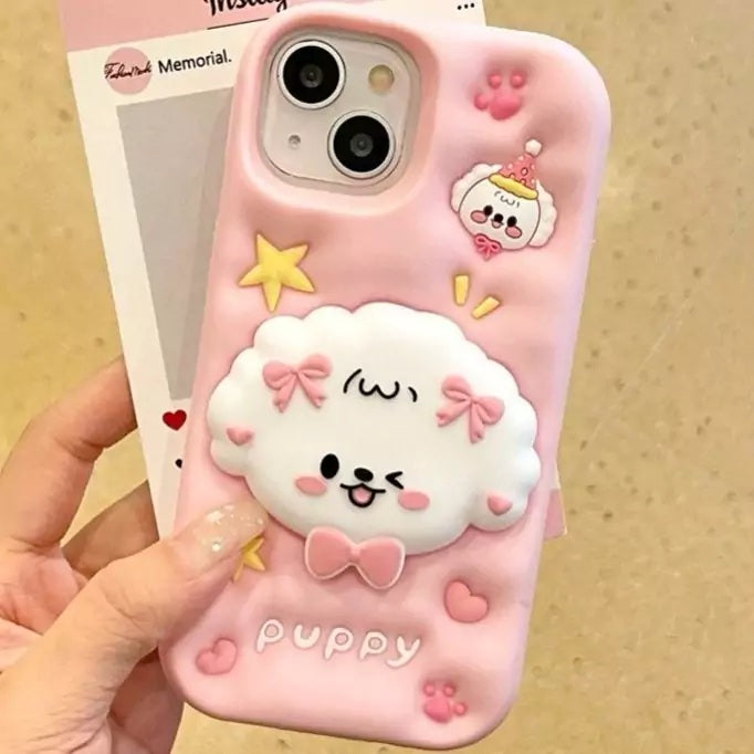 3D Puppy Knot Cartoon Dog Love Pastel Pink Phone Holder Kawaii Case
