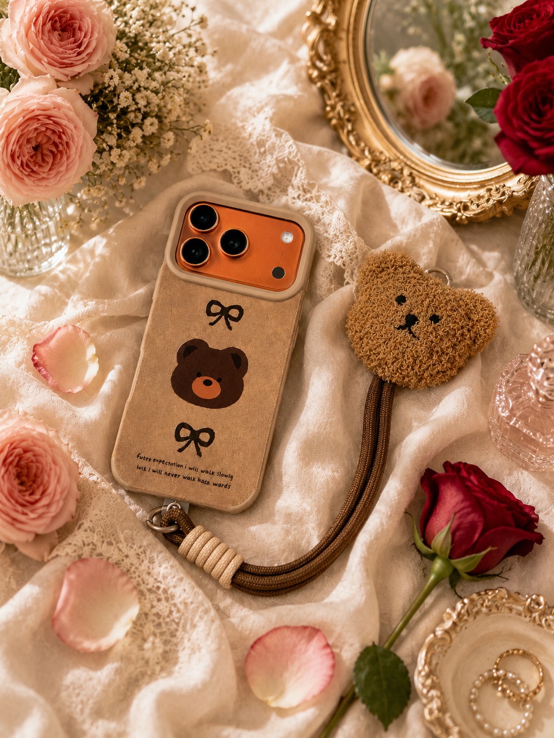 Leather Cartoon Teddy Bear Phone Case with Plush Teddy Lanyard Brown Teddy Wrist Strap Case