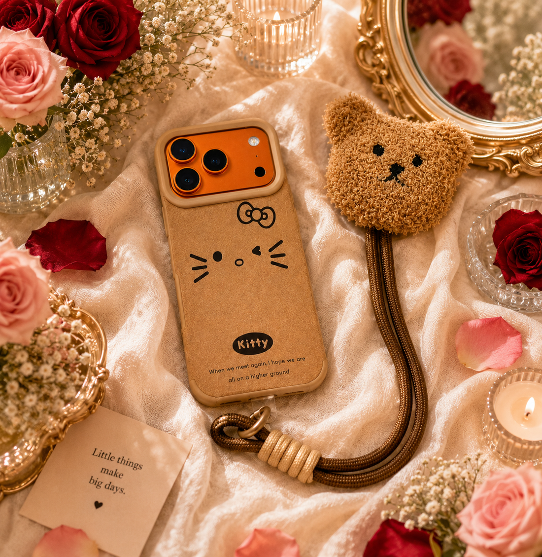 Cartoon Doll Teddy Bear Phone Case with Plush Teddy Lanyard Kitty Bow Pin Brown Wrist Strap Cover