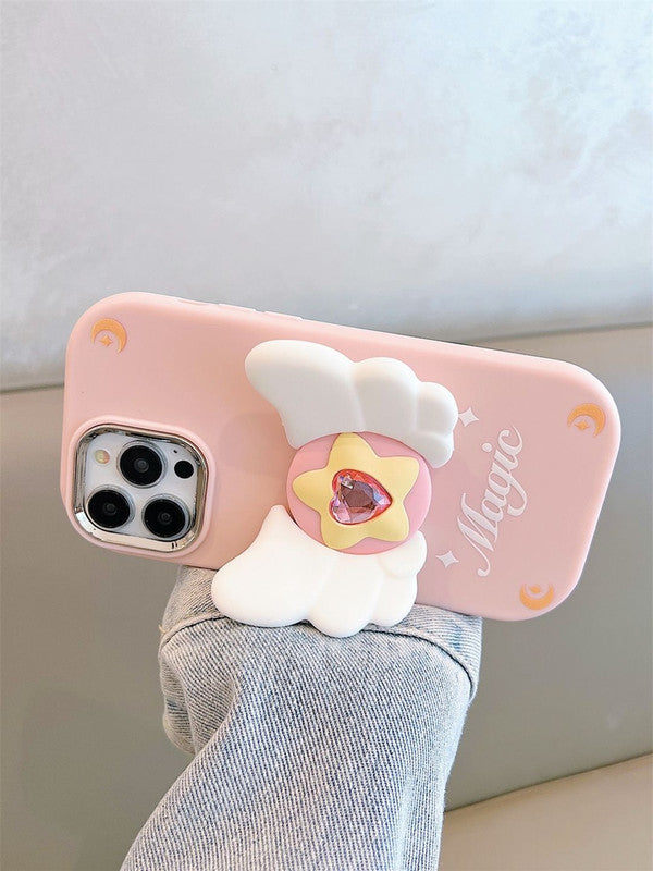 3D Cute Magical Fairy Angel Wings Folding fly Cartoon Magic Stars Heart Shaped Diamond Phone Stand Holder Case