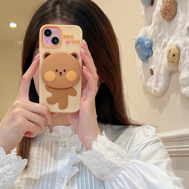 3D Brown Teddy Bear Makeup Mirror Cartoon Stand Case
