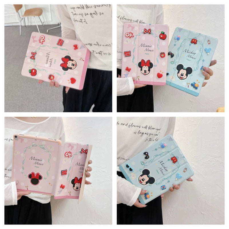 3D Cute Cartoon Mickey Happy Mouse PU Leather Tablet iPad Flip Case,Gaming Auto Wake/Sleep Colorful Floral Stand with Pencil Holder Cover