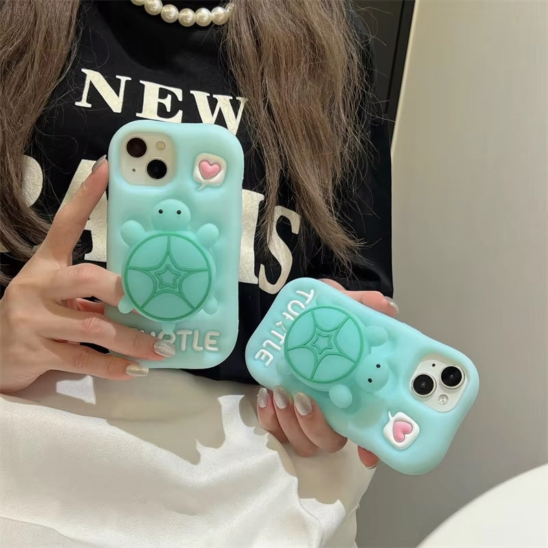 3D Cute Luminous Turtle Cartoon Case,Kawaii Sea Little Tortoise Neon Pop Back Case with Glow in Dark