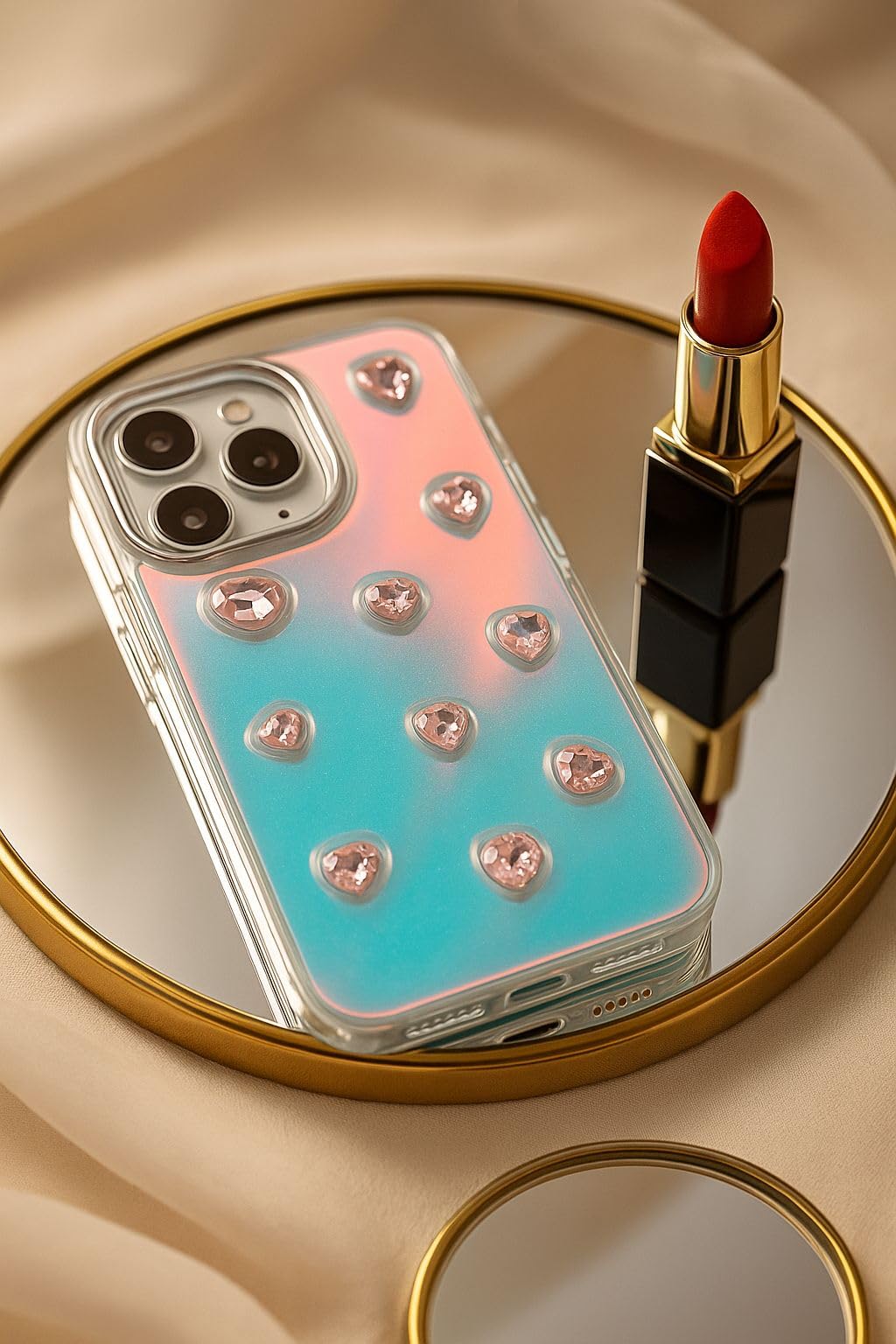 Iridescent Holographic Color Changing 3D Heart stones embossed Diamond Look Reflective Aesthetic case (Clear Pink)