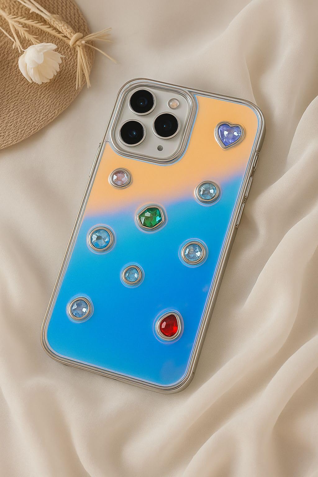 Iridescent Holographic Color Changing 3D Heart stones embossed Diamond Look Reflective Aesthetic case (Blue)