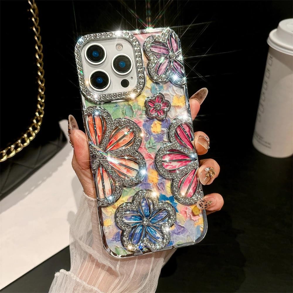 Luxury Bling Crystal 3D Diamond Flower Phone Case Rhinestone Aesthetic Back Cover