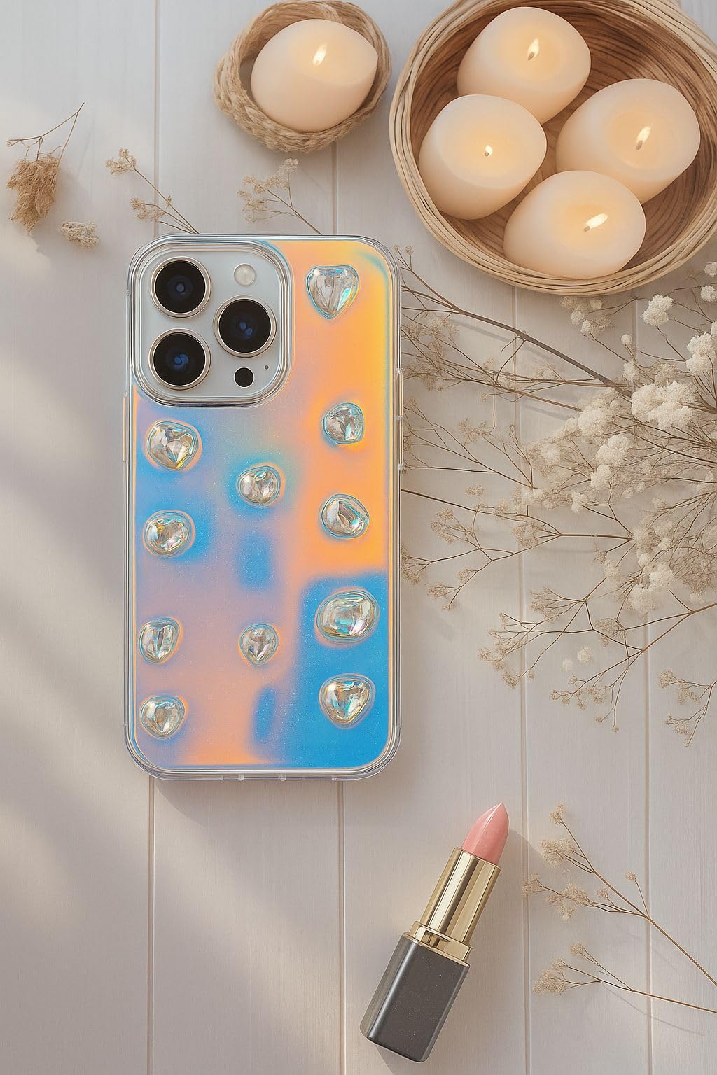 Iridescent Holographic Color Changing 3D Heart stones embossed Diamond Look Reflective Aesthetic case (Clear White)