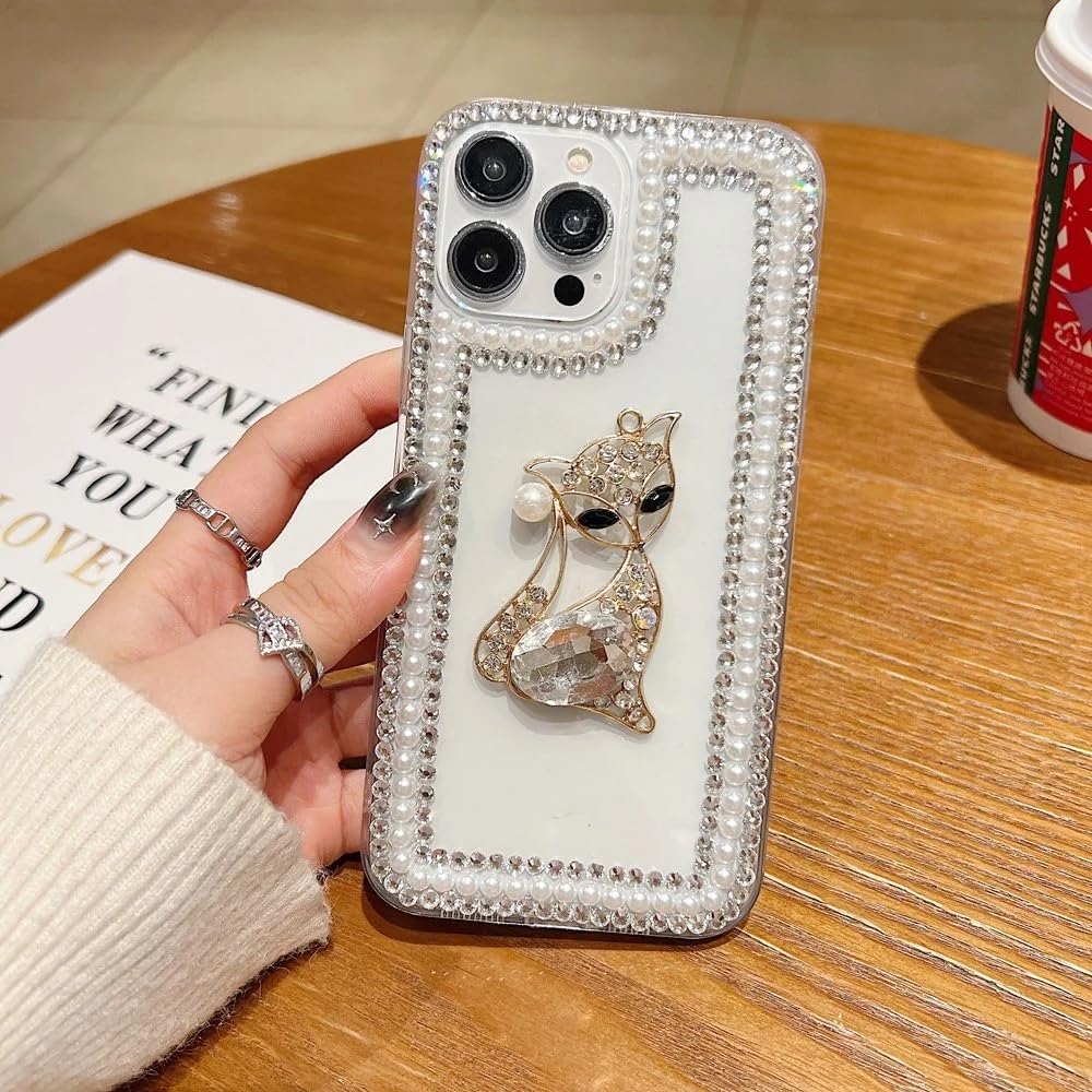 Cute Sparkling Pearl Kitty Cat Resin Phone Back Case with Crystal Rhinestone Border and Decorative Charm Bracelet