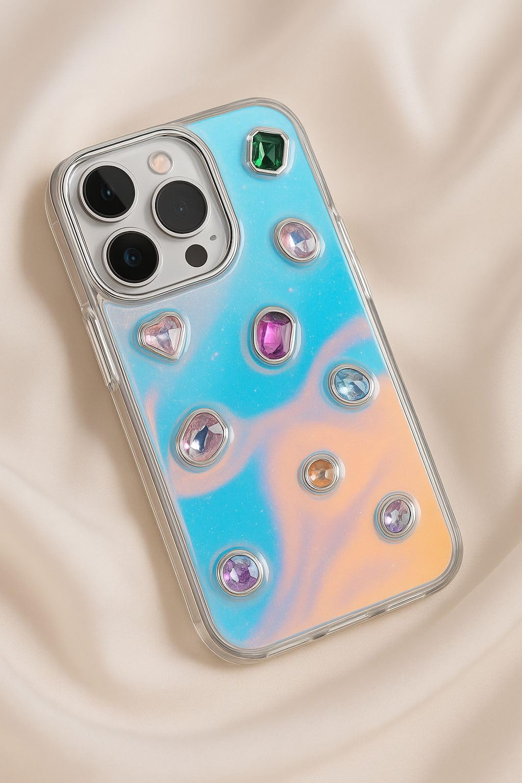 Iridescent Holographic Color Changing 3D Heart stones embossed Diamond Look Reflective Aesthetic case (Green)