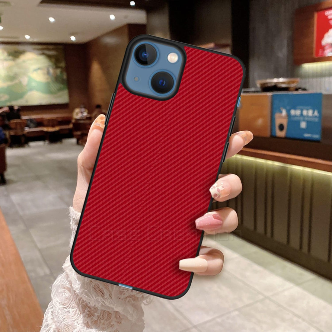 Carbon Fibre Texture Hard Leather Case Military Grade Drop Protection Rugged Armour Back Case - Red